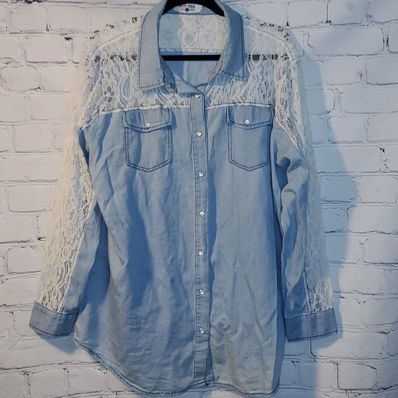 Crazy Train Lace and Denim Pearl Snap Button Up XL - Picture 1 of 11